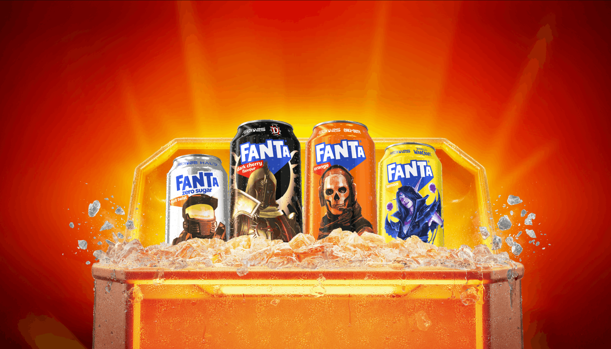 A rewards chest opened to reveal Fanta cans featuring characters from Forza Horizon 6, Call of Duty, Diablo IV, Halo and World of Warcraft. Text reads: "Wanta Fanta? Come get it."