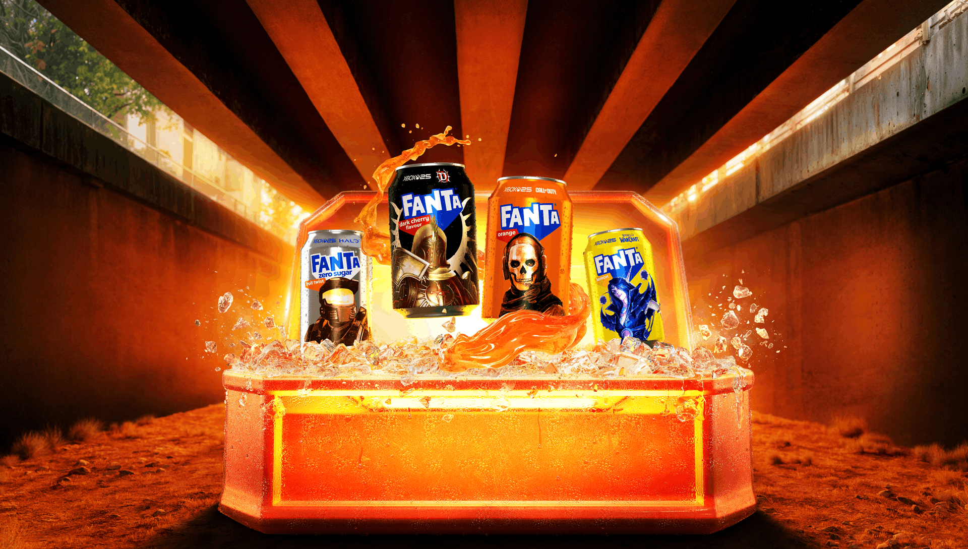 The Fanta Xbox collection includes cans featuring characters from Forza Horizon 6, Call of Duty, Diablo IV, Halo and World of Warcraft. Text reads: "Wanta Fanta? Come get it."