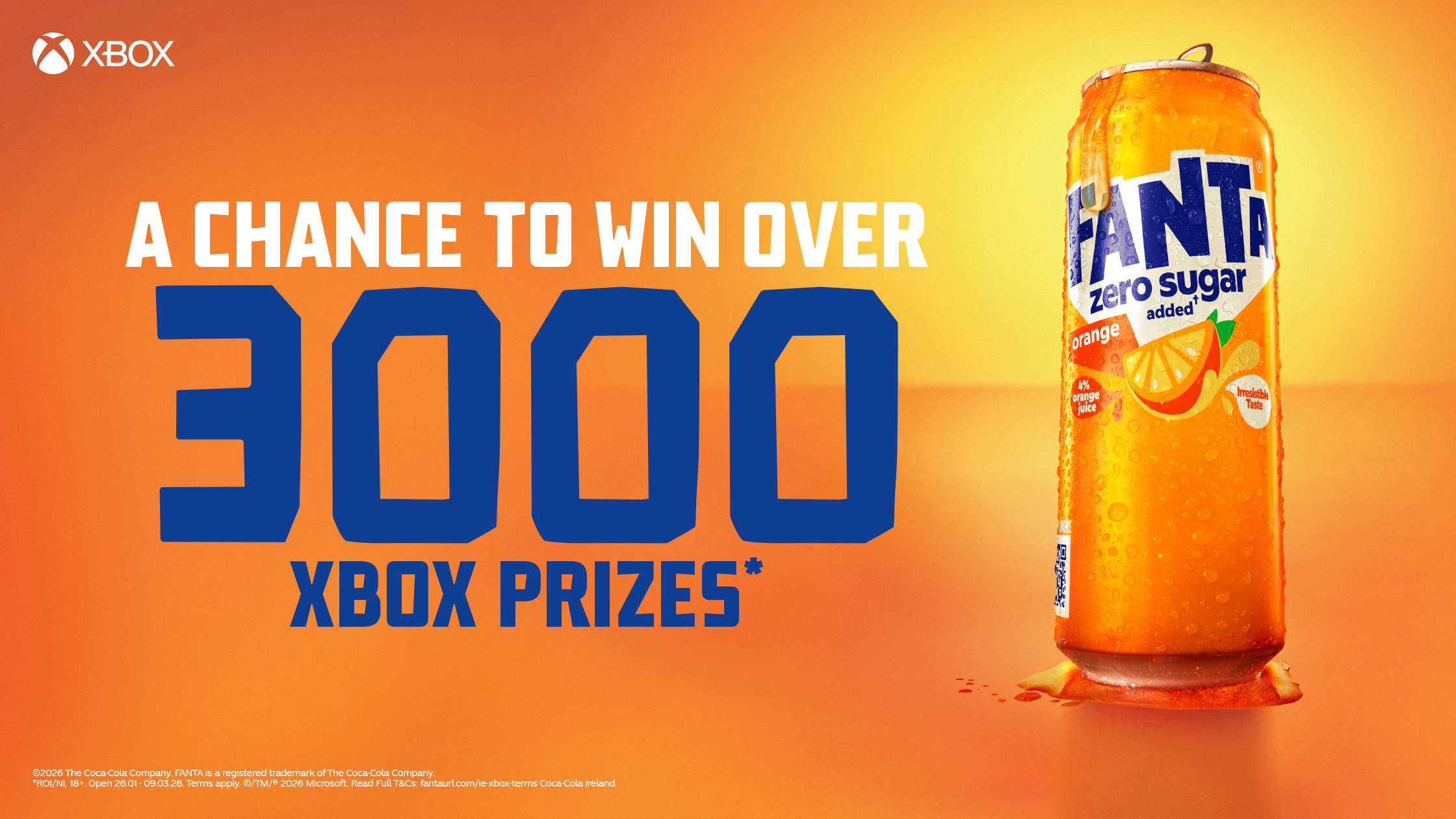A can of Fanta with text promoting Xbox prizes given away; orange and yellow background with bold lettering.