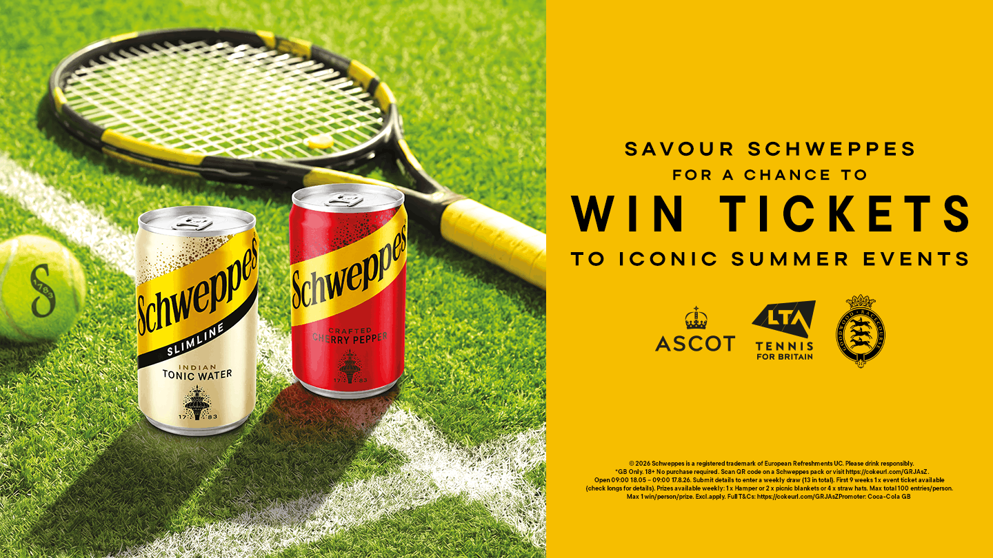 2 cans of Schweppes on a tennis court. Text reads "Win Tickets to Iconic Summer Events".