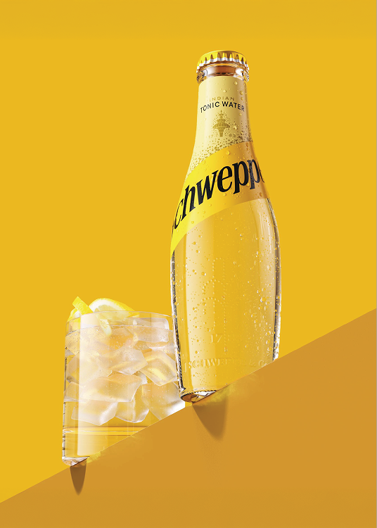 A bottle of Schweppes