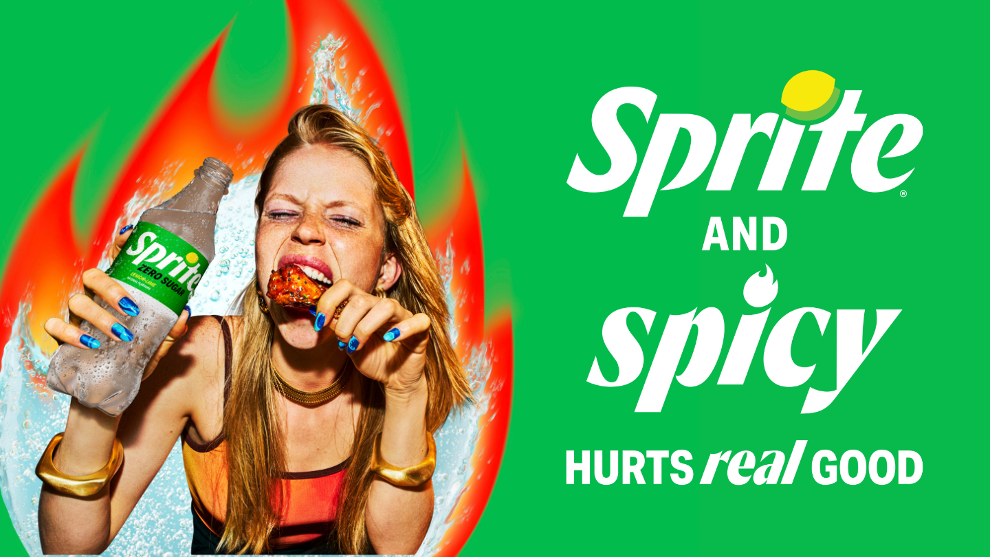 Sprite and spicy banner. Image of a girl eating spicy chicken and holding a bottle of Sprite.