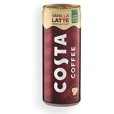 Costa Coffee Ready-to-Drink Caramel Latte can on white background.