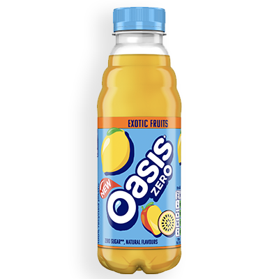 Oasis Exotic Fruits Zero bottle on white background.