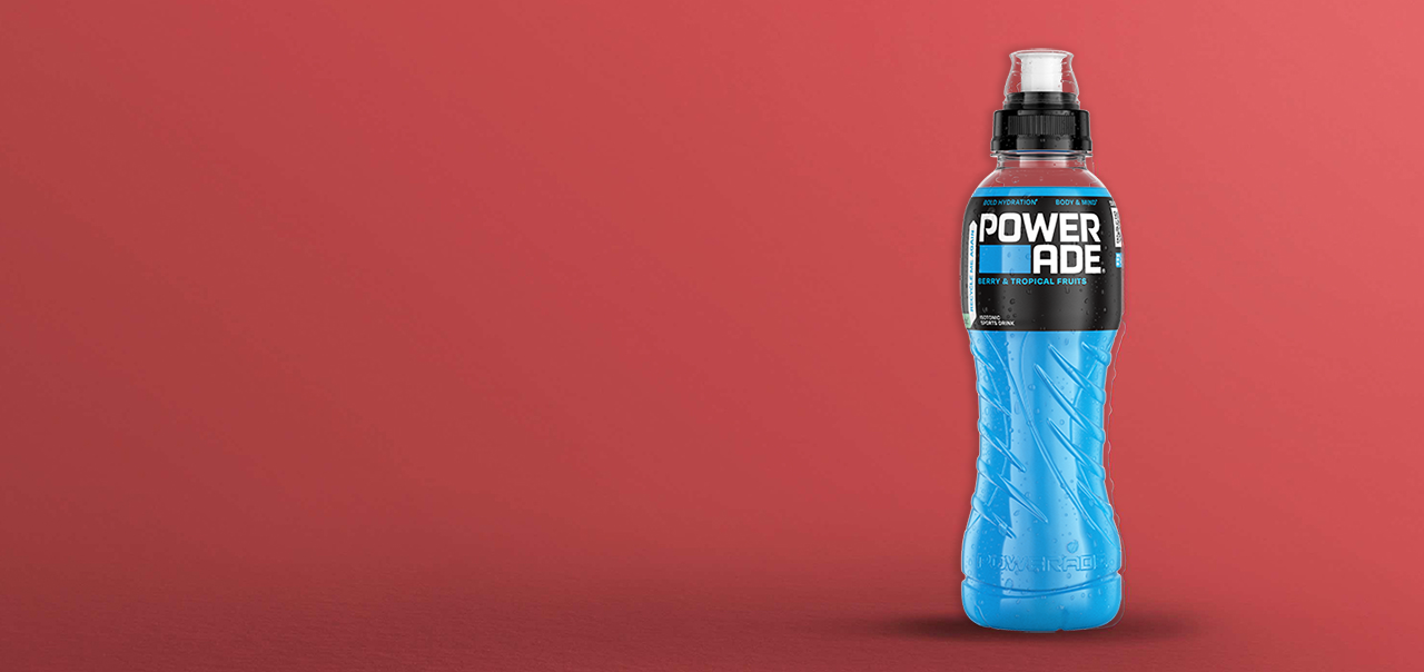 Powerade bottle on red background