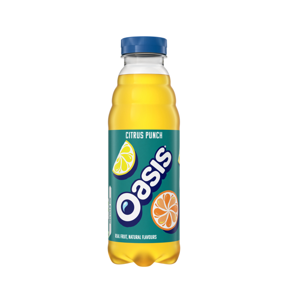 Oasis Citrus Punch bottle on white background.
