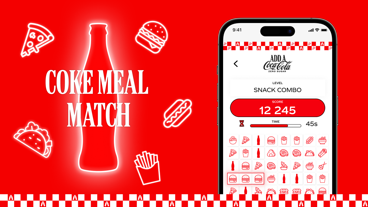 Smartphone screen showing Coke Meal Match game. In the centre of the screen is a silhouette of a Coke bottle with graphics of different foods surrounding it.