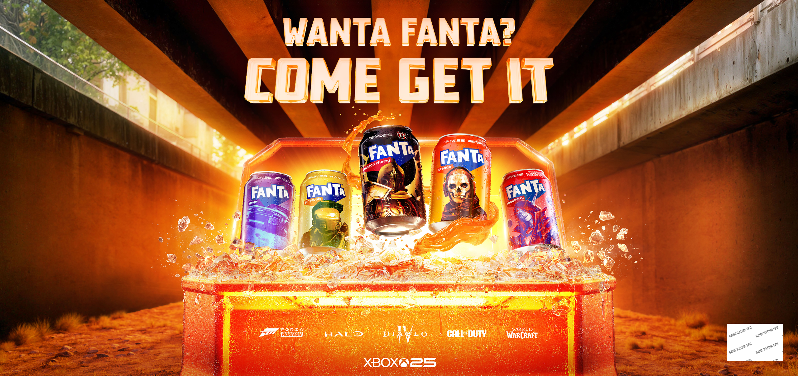 A rewards chest opened to reveal Fanta cans featuring characters from Forza Horizon 6, Call of Duty, Diablo IV, Halo and World of Warcraft. Text reads: "Wanta Fanta? Come get it."