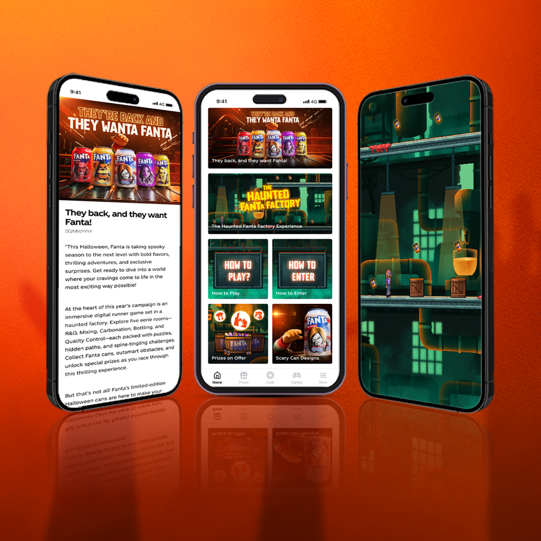 Image of three phones featuring images of Fanta Halloween game