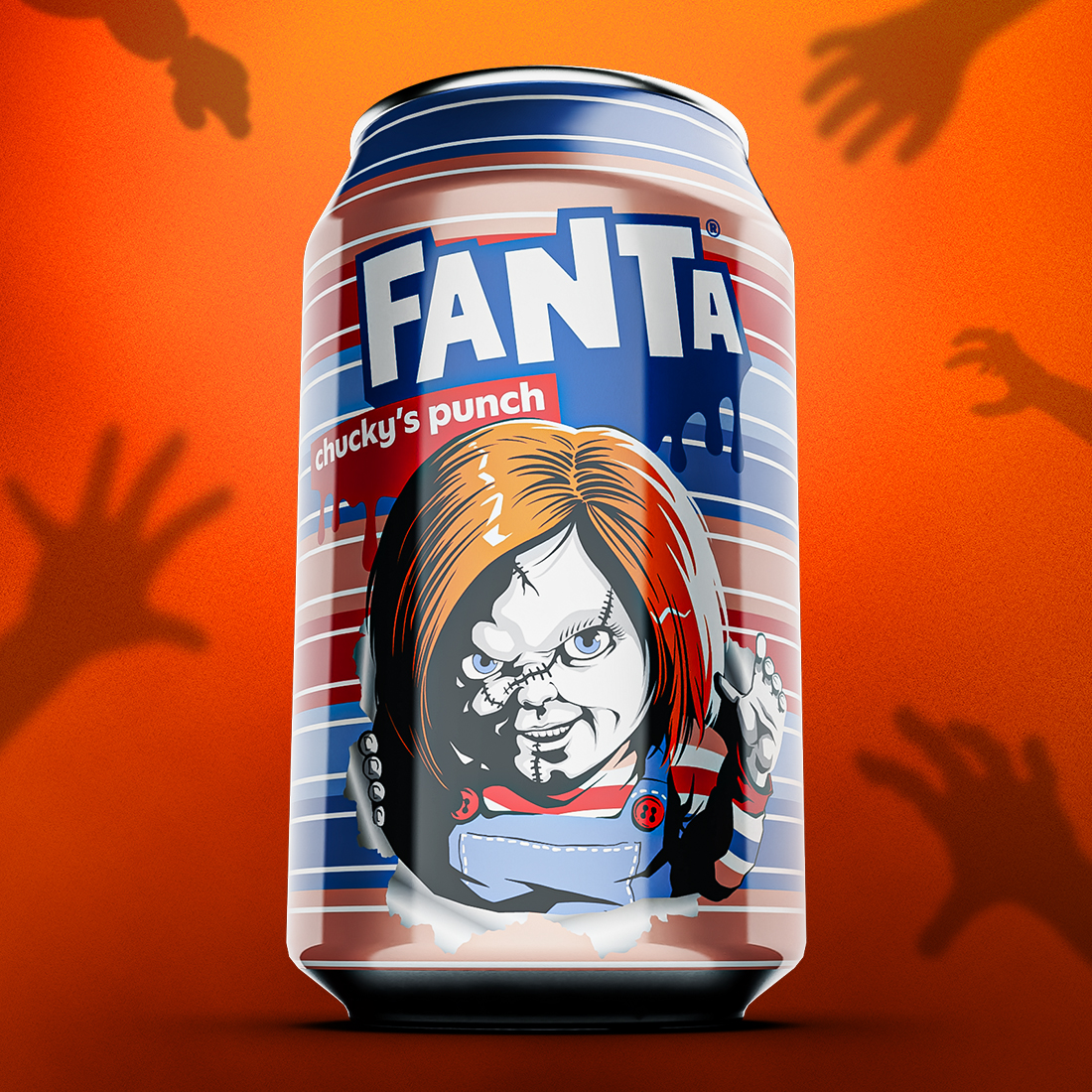 Fanta mixed Berry punch can with Chucky image featured on the front