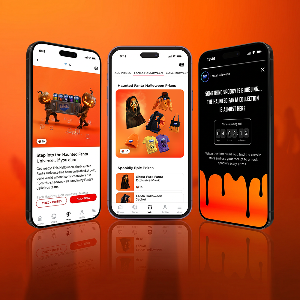 Werbescreen der Coca-Cola App mit dem Haunted Fanta Universe und den Fanta Halloween-Dosen in limitierter Edition.