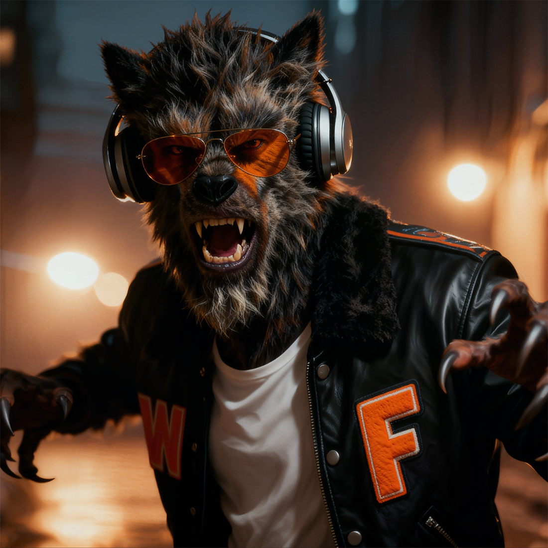 Fullmoon Beat Beast character surrounded by neon lights and moonlit atmosphere.