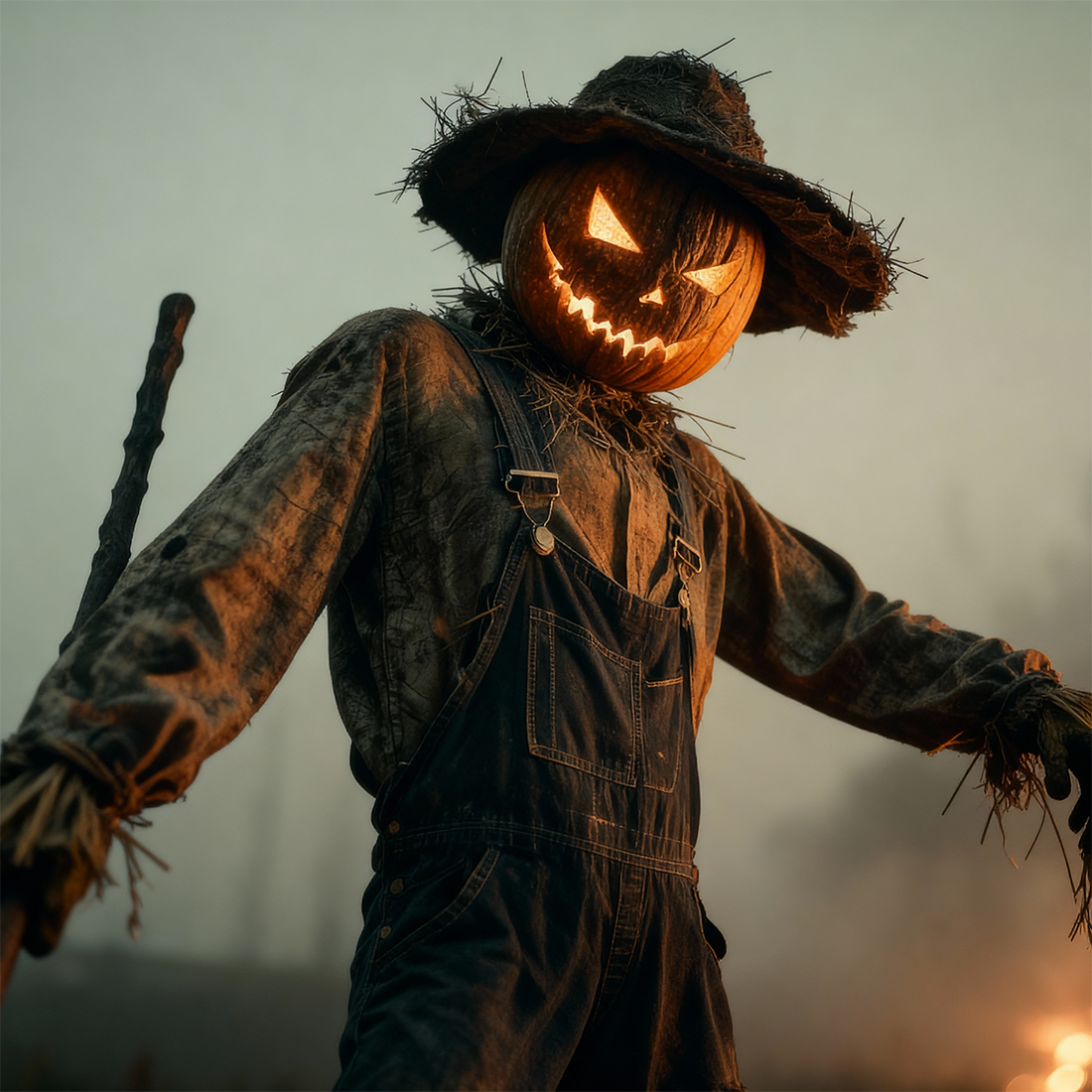 The Halloween Harvester character standing in a spooky harvest‑themed setting