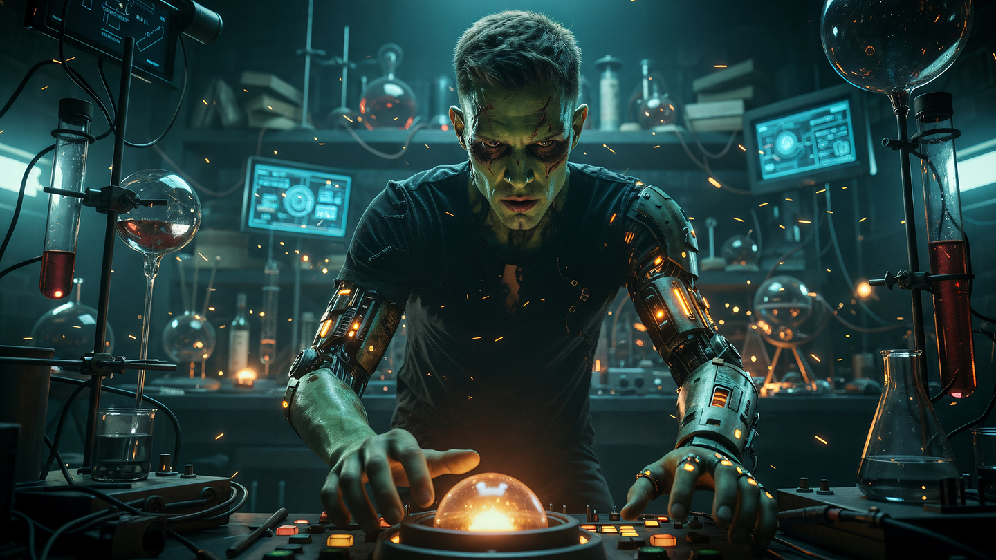 Meta Monster Maker character surrounded by futuristic and experimental elements.