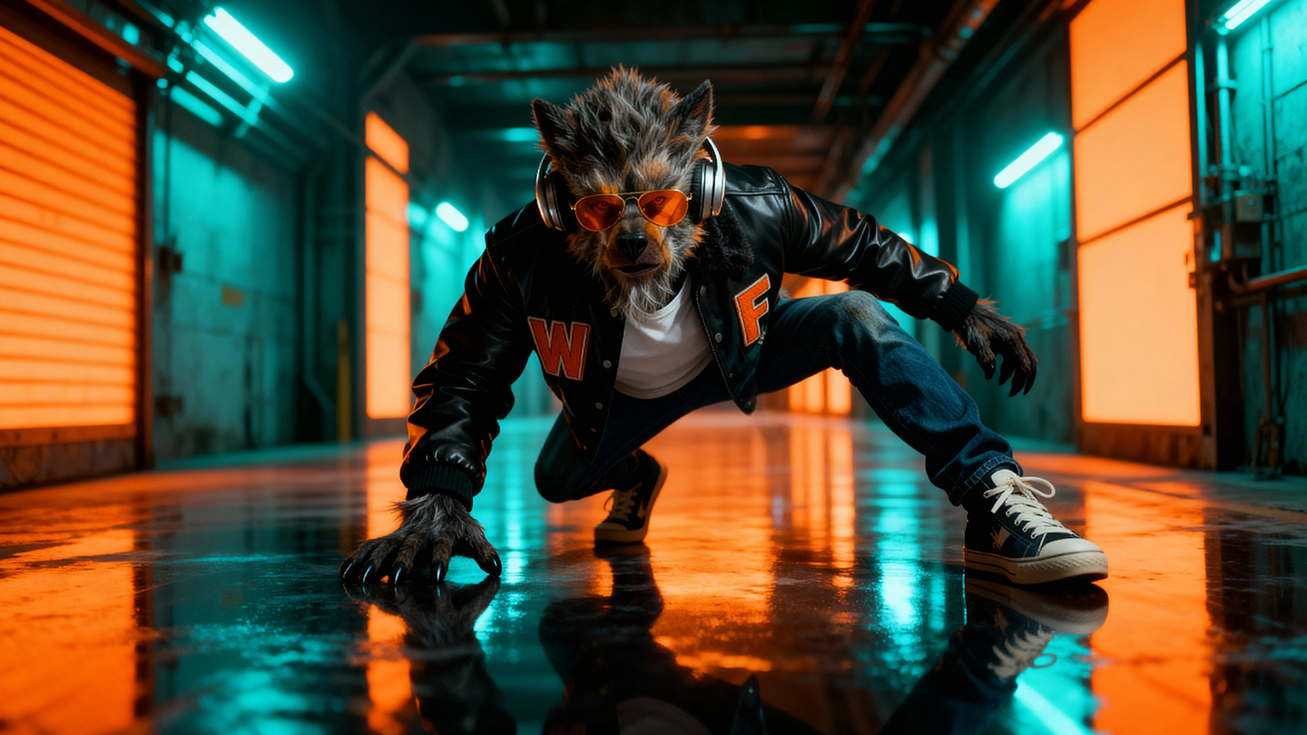 Fullmoon Beat Beast character surrounded by neon lights and moonlit atmosphere.