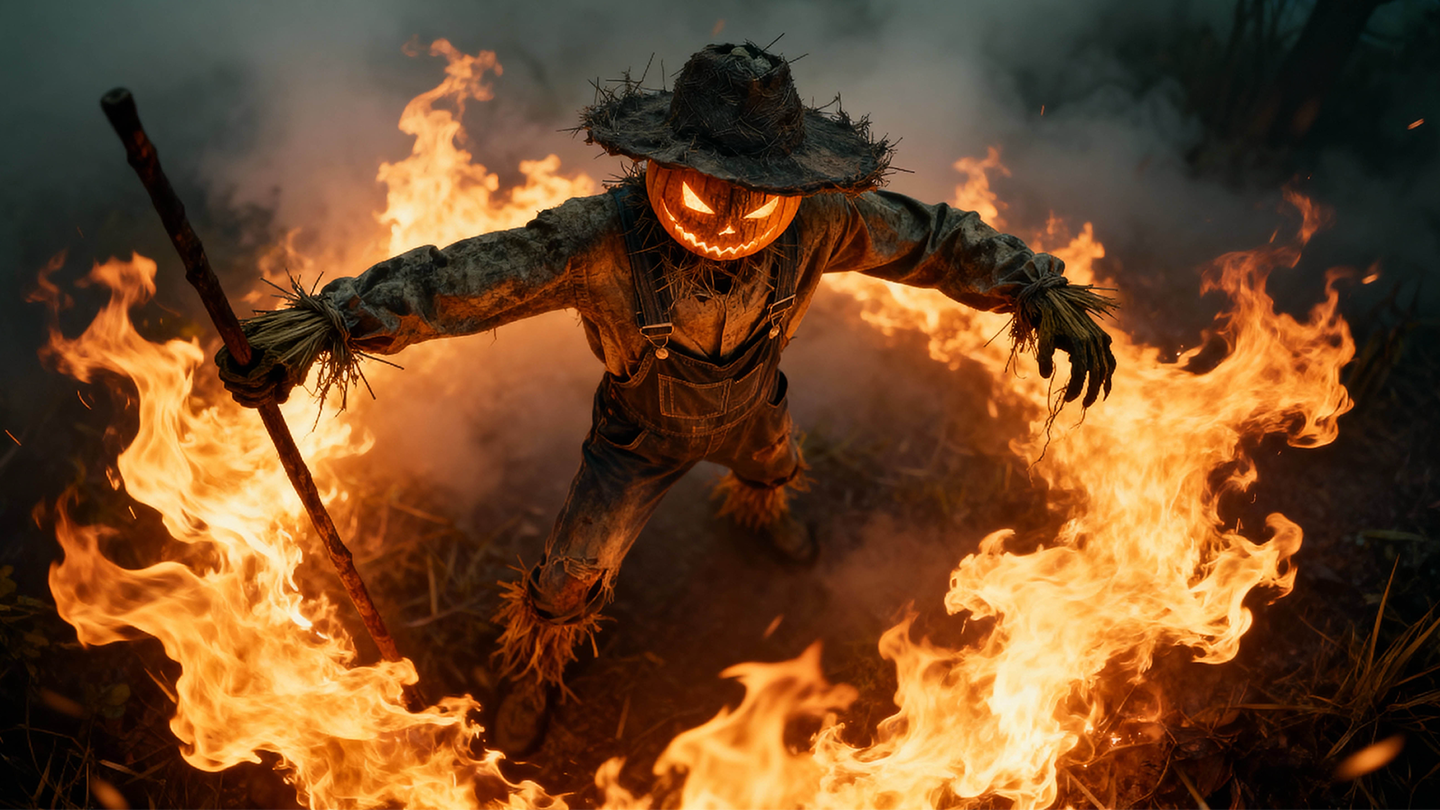 The Halloween Harvester character standing in a spooky harvest‑themed setting