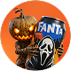 Rundt ikon med Halloween-tema, hvor et uhyggeligt græskar med glødende øjne og en maskeret gyserfigur står foran et Fanta-logo på orange baggrund.