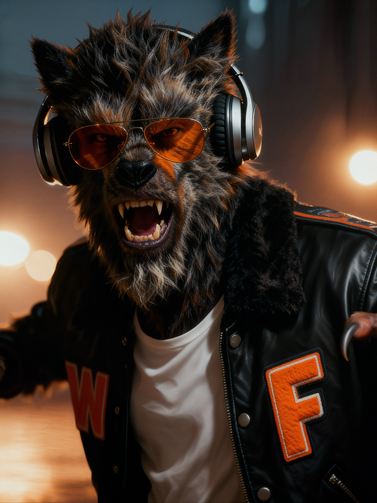 En antropomorf ulv med mørk pels bærer orange solbriller, store hovedtelefoner og en sort varsity-jakke med orange detaljer. Figuren viser tænder og poser energisk i et natligt bymiljø med varme, slørede lys i baggrunden.