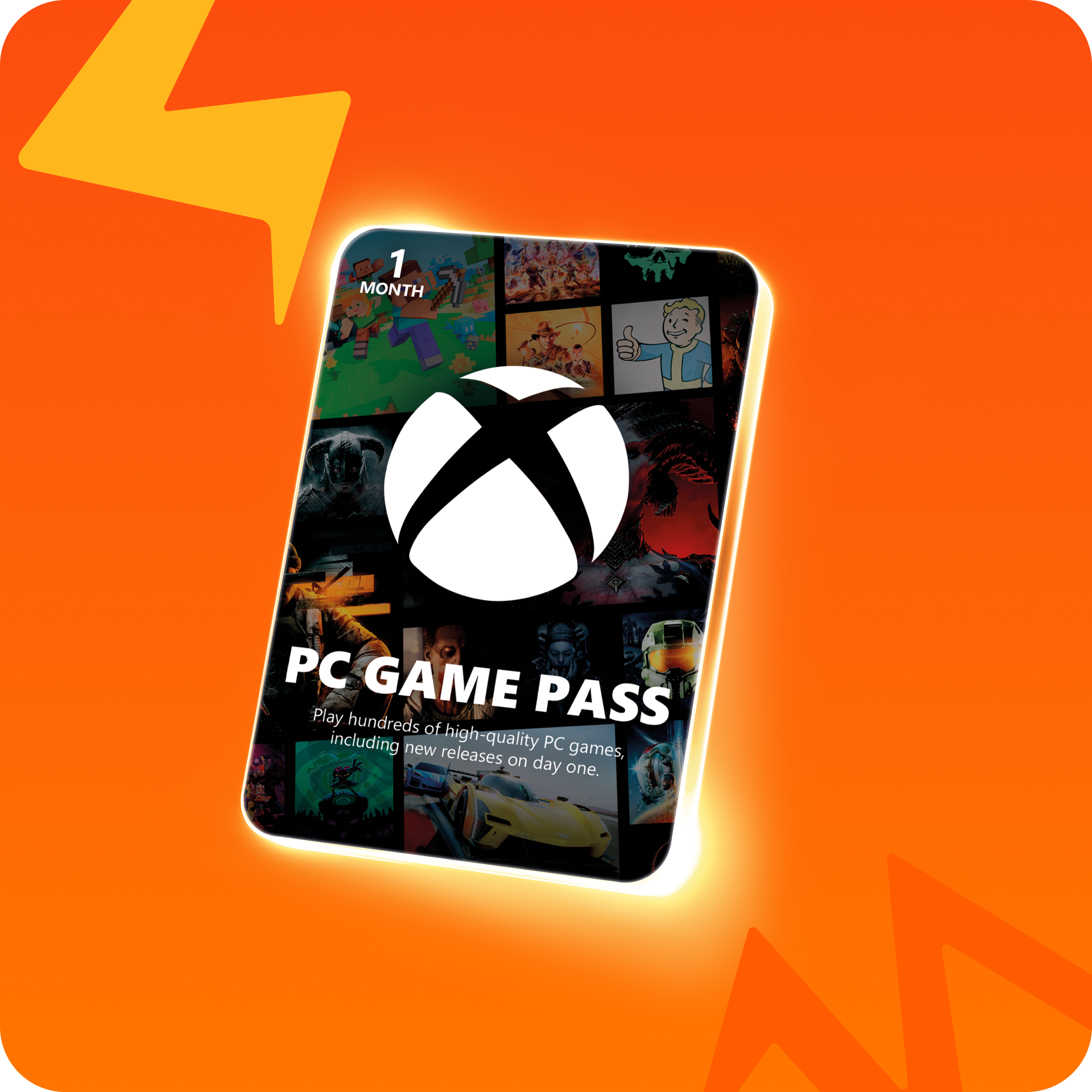 Ein 1‑Monats‑Xbox Game Pass vor einem orangefarbenen Hintergrund.