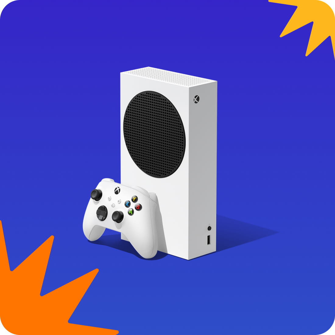 Ein Xbox Series S Konsolen-Bundle mit einem kabellosen Xbox-Gaming-Controller vor einem blauen Hintergrund mit orangefarbenen Mustern.