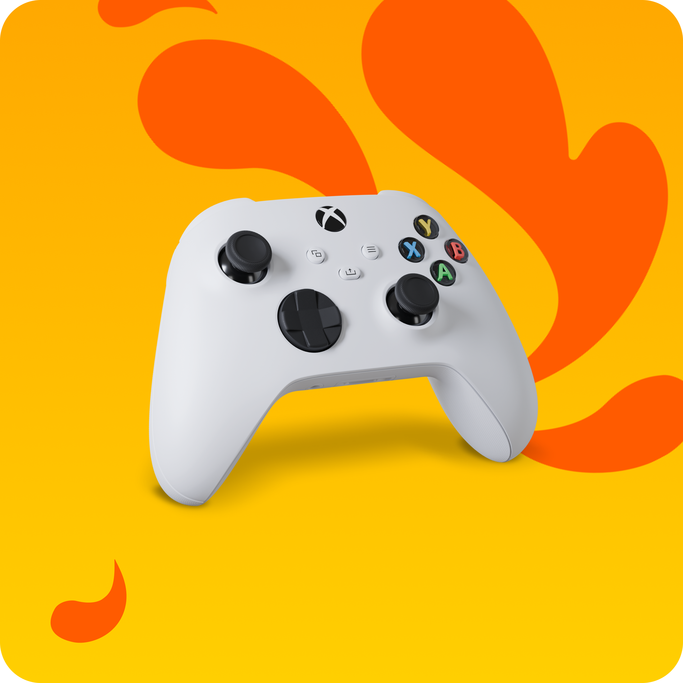 Ein weisser kabelloser Xbox-Gaming-Controller mit schwarzen Tasten vor einem orangefarbenen Hintergrund.