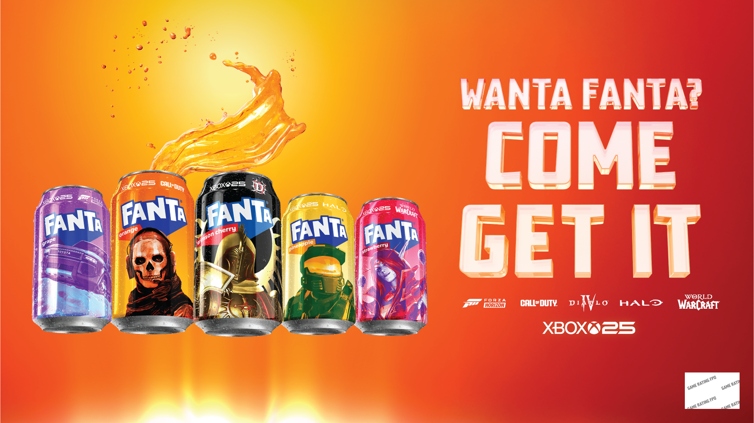 De Fanta Xbox‑collectie bevat blikjes met personages uit Forza Horizon 6, Call of Duty, Diablo IV, Halo en World of Warcraft. De tekst luidt: “Wanta Fanta? Come get it.”