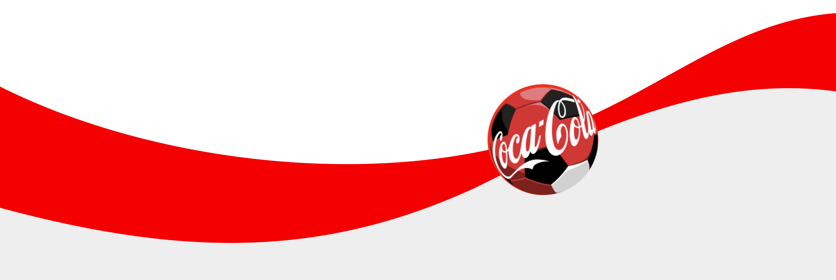Rode, golvende band over een witte achtergrond met een ronde bal in het midden, vormgegeven als een voetbal met het Coca‑Cola‑logo.