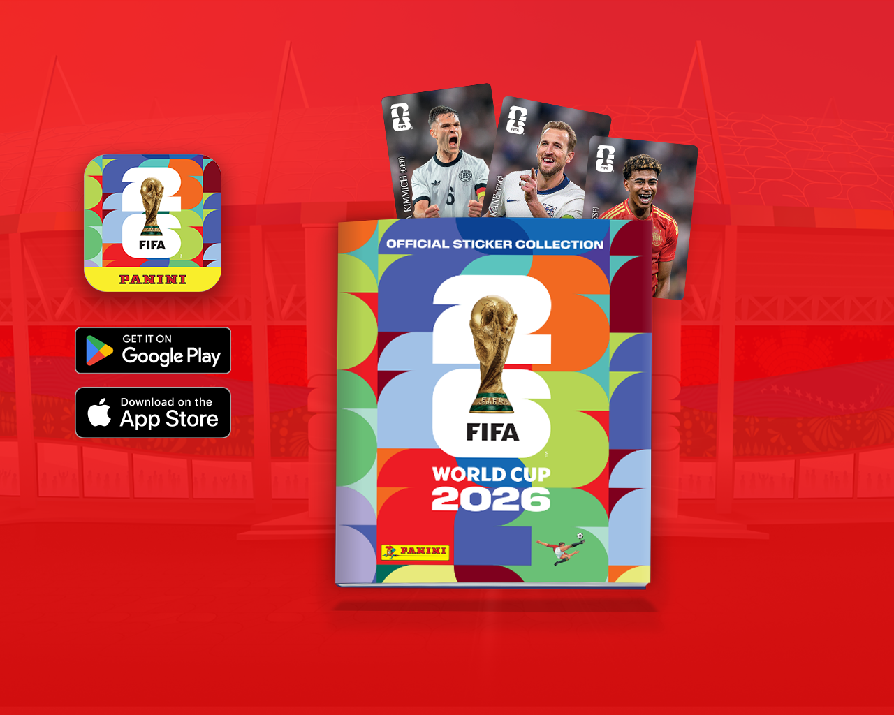 Panini FIFA World Cup 2026 official sticker collection album cover with player stickers, shown on a red background alongside app download icons.