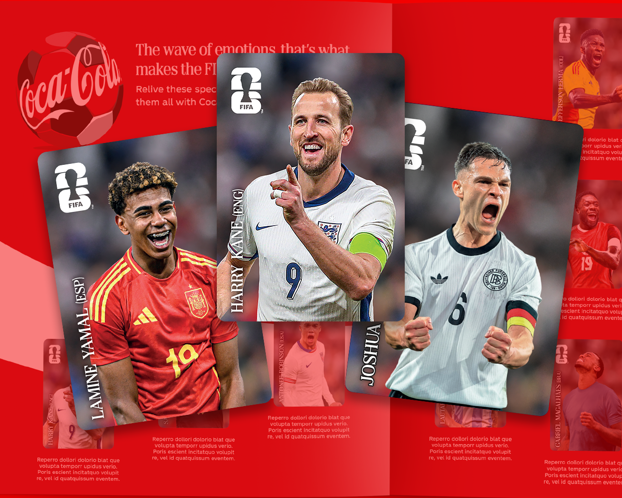 FIFA World Cup 2026 player stickers featuring international soccer players on a red Panini–Coca-Cola album page.