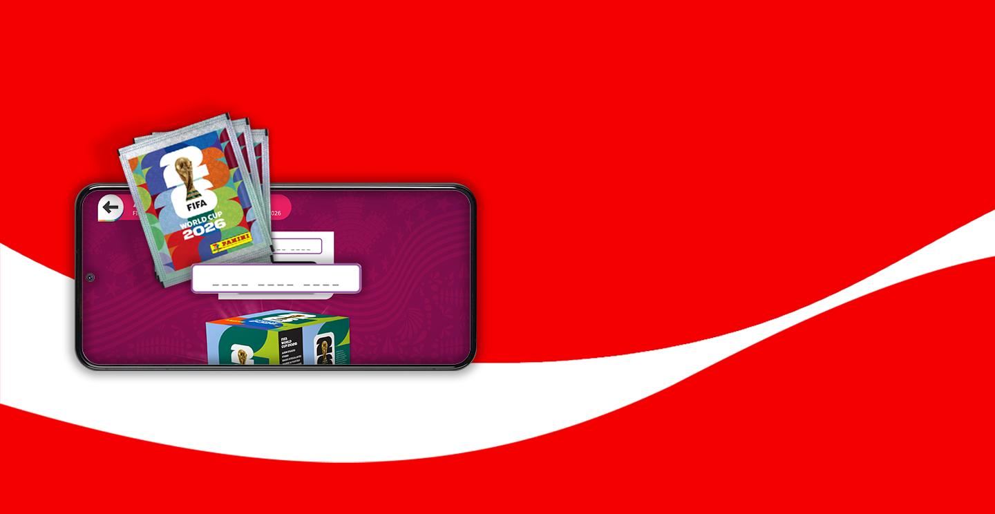 Panini FIFA World Cup 2026 sticker packs shown above a smartphone displaying the digital sticker collection app on a red background.