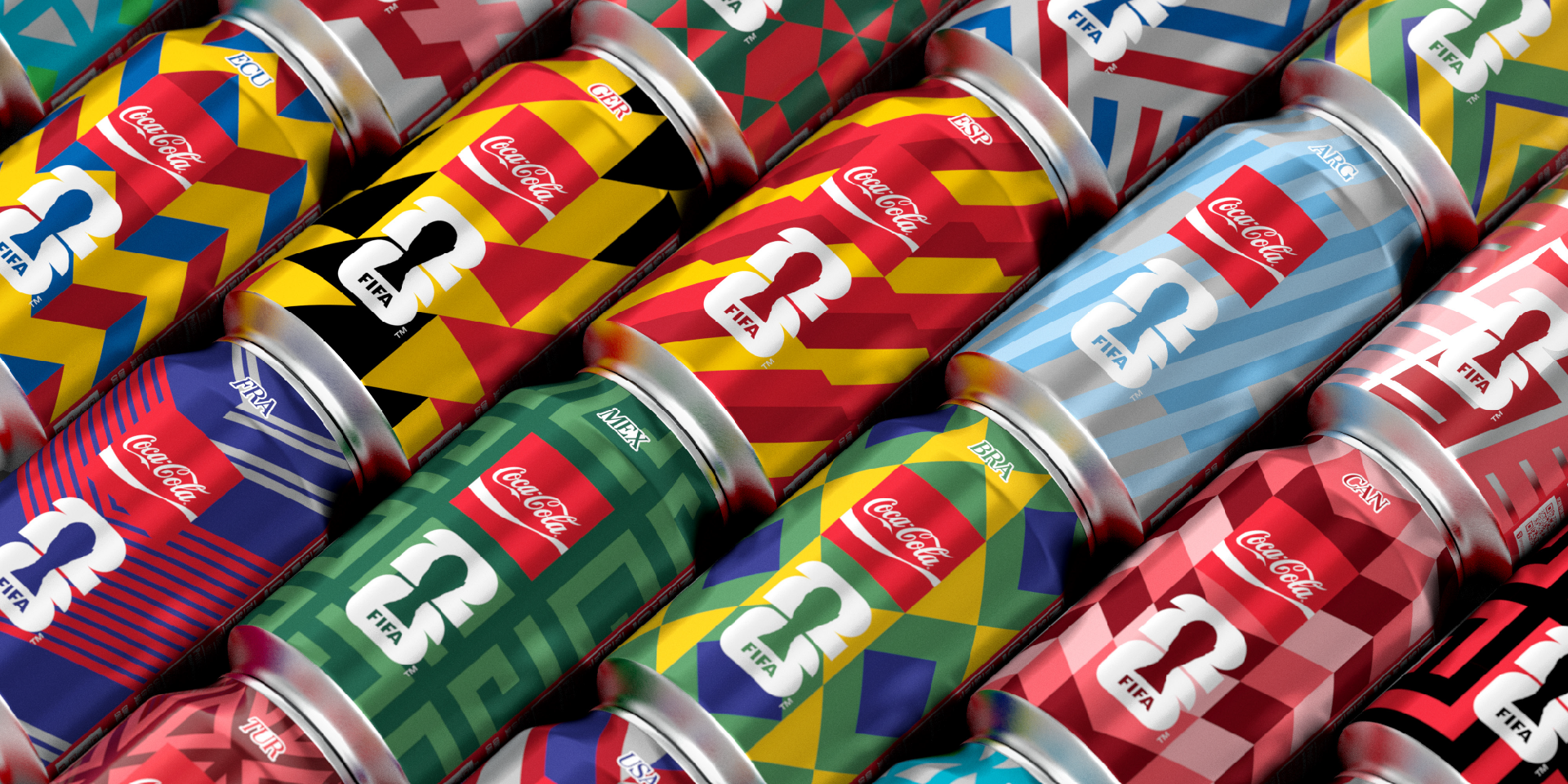 Envases coleccionables de edición limitada de Coca‑Cola de la Copa Mundial de la FIFA 26™, con diseños de las banderas de los países.