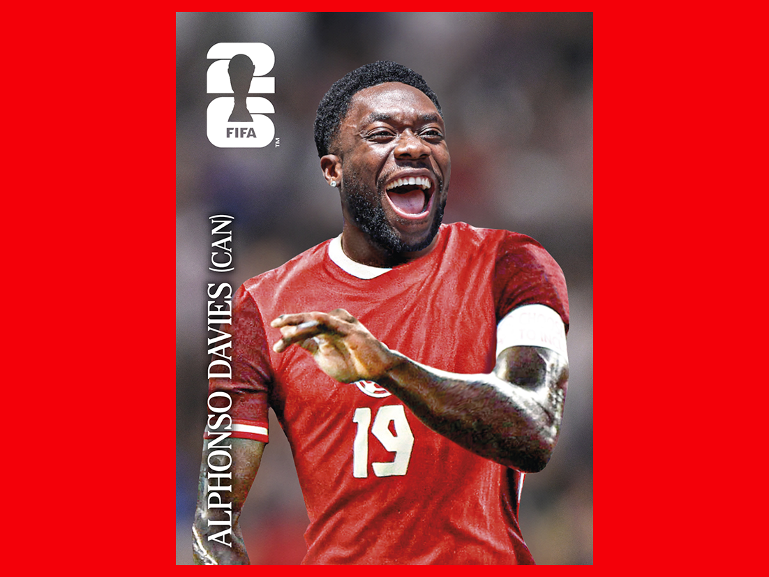 FIFA World Cup 2026 Panini sticker of a Canada national team player in a red jersey, smiling.