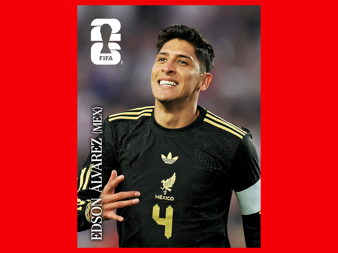 FIFA World Cup 2026 Panini sticker of a Mexico national team player in a red jersey, smiling.