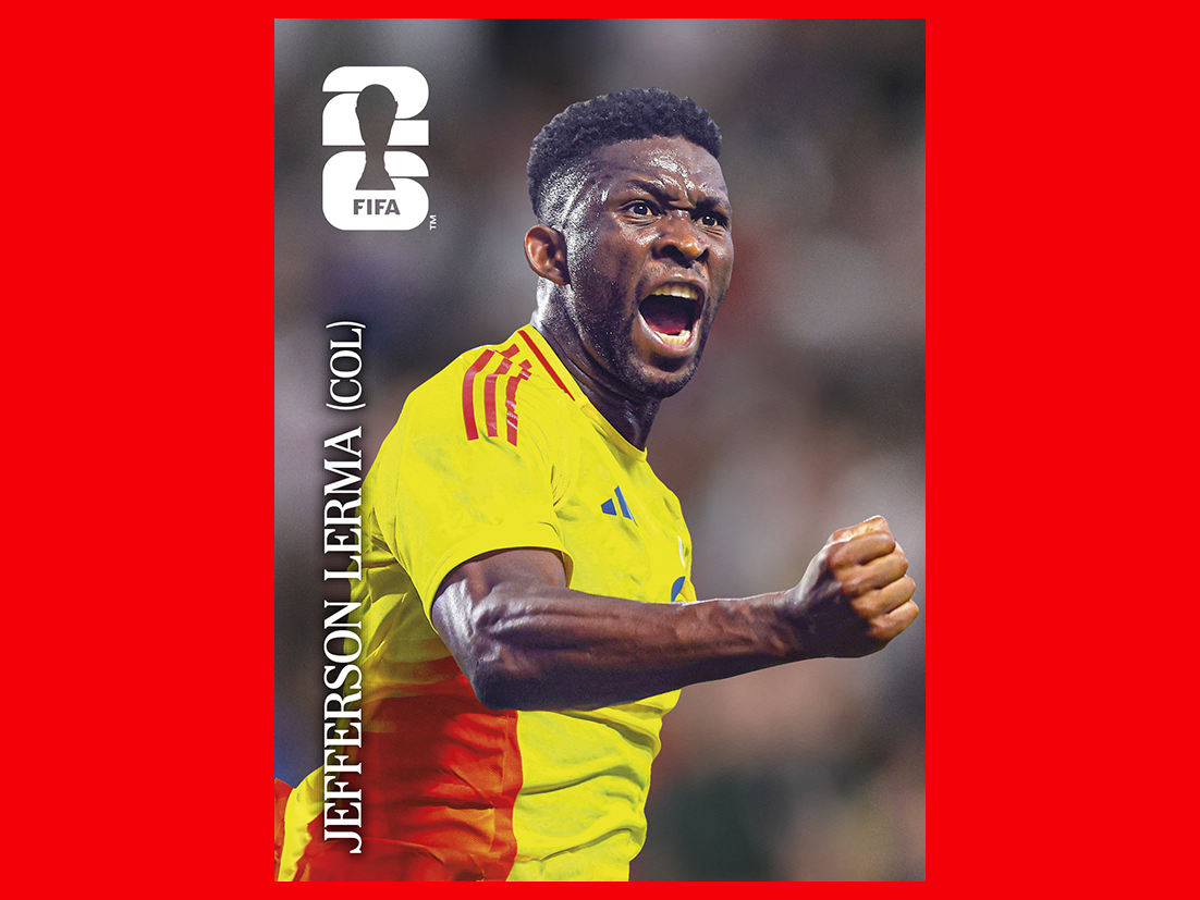 FIFA World Cup 2026 Panini sticker of a Colombia national team player in a red jersey, celebrating.