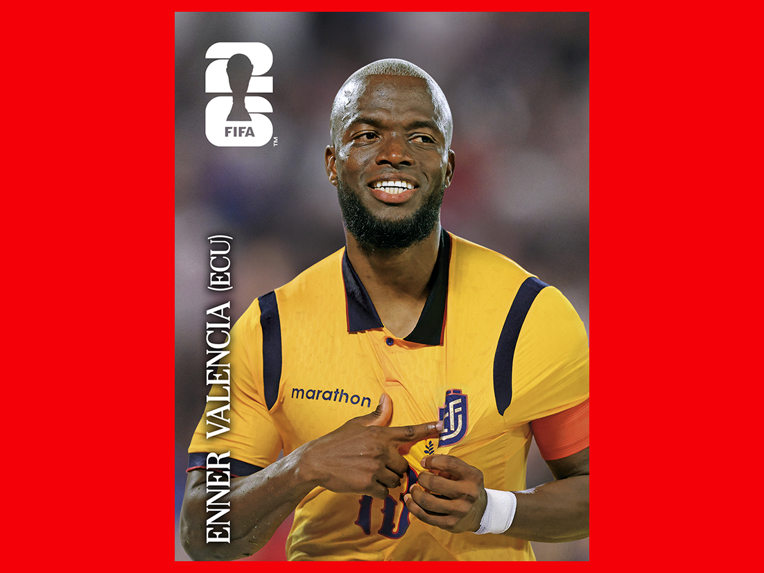 FIFA World Cup 2026 Panini sticker of a Ecuador national team player in a red jersey, celebrating.