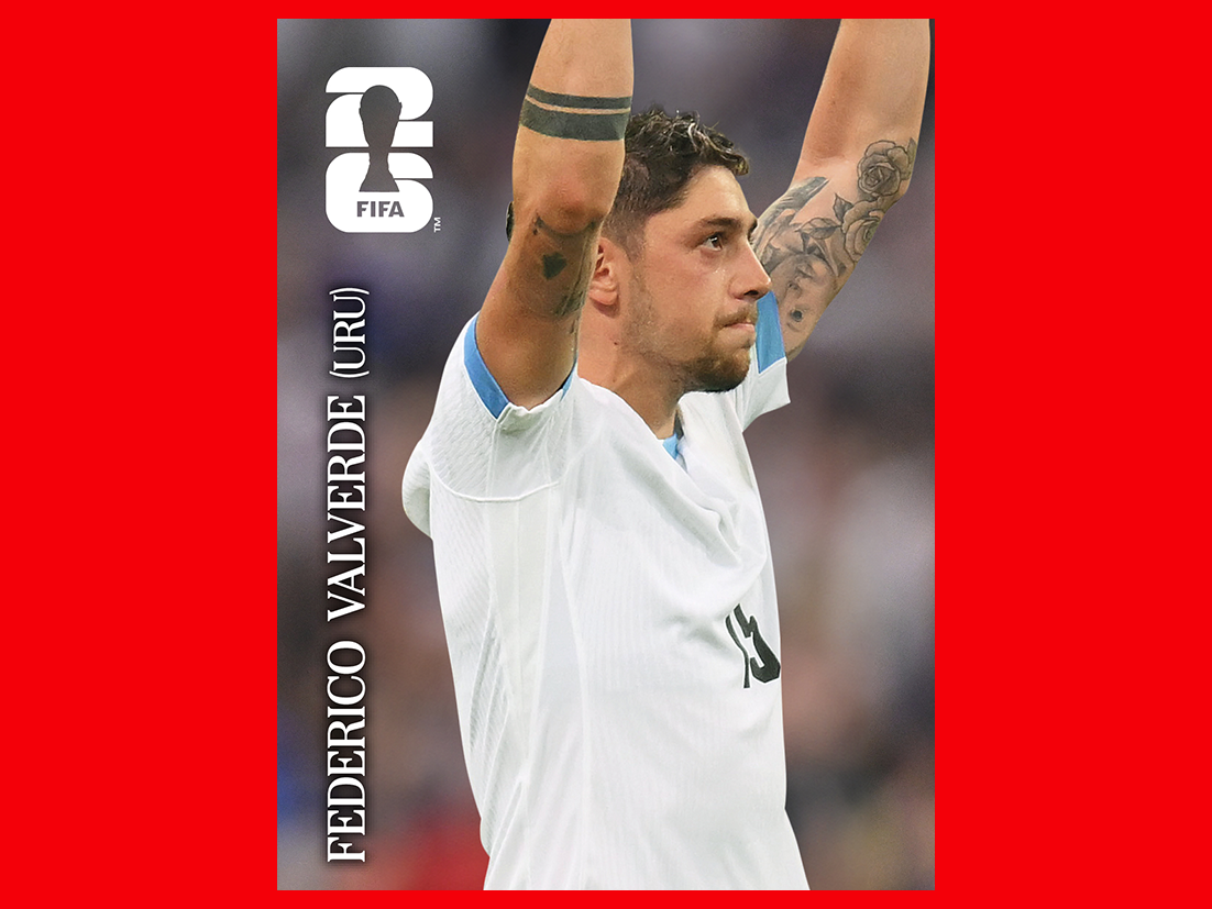 FIFA World Cup 2026 Panini sticker of a Uruguay national team player in a red jersey, celebrating.