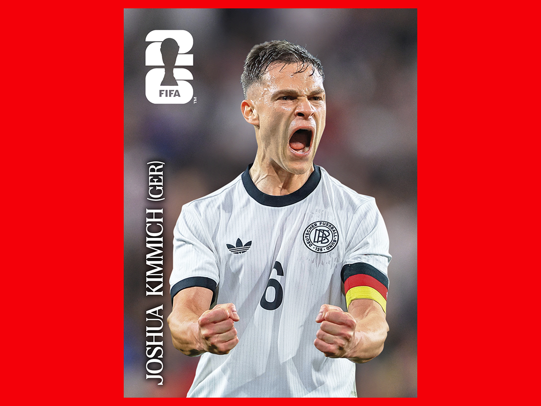 FIFA World Cup 2026 Panini sticker of a German national team player in a red jersey, shouting.