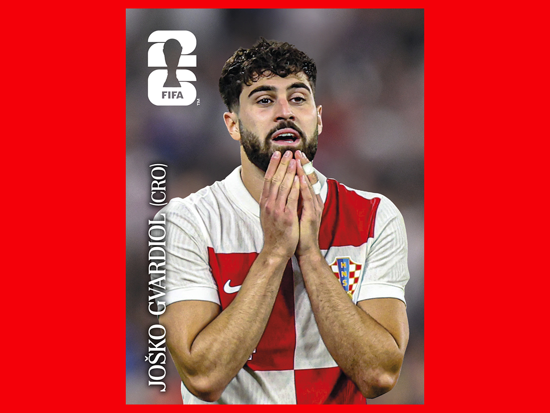 FIFA World Cup 2026 Panini sticker of a Croatia national team player in a red jersey, shocked.