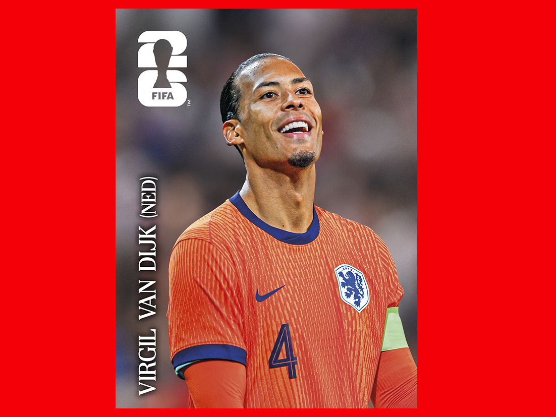 FIFA World Cup 2026 Panini sticker of a Netherlands national team player in a red jersey, smiling.