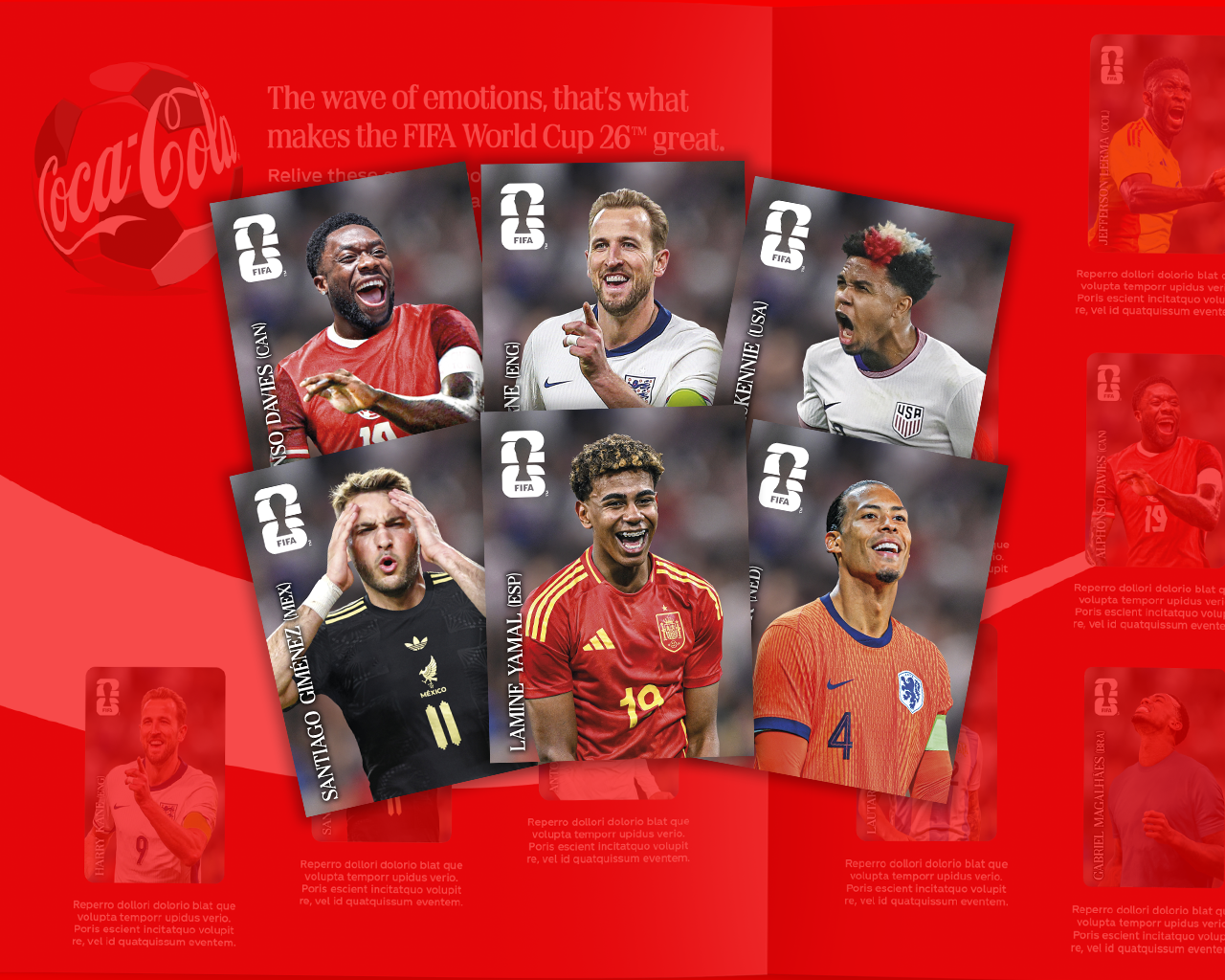 FIFA World Cup 2026 player stickers featuring international soccer players on a red Panini–Coca-Cola album page.