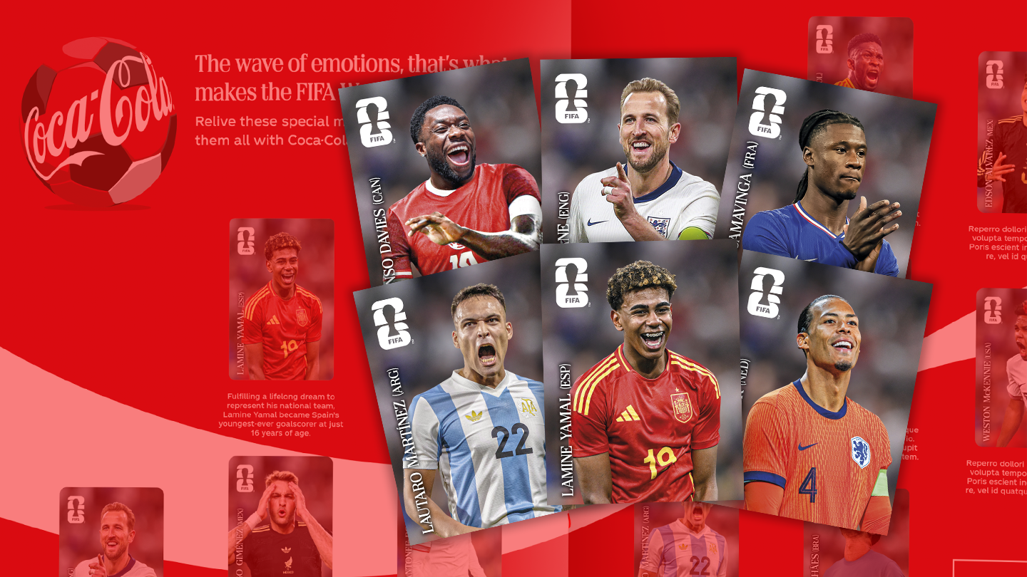 Panini FIFA World Cup 2026 player stickers featuring international football stars arranged on a red Coca-Cola–branded background.