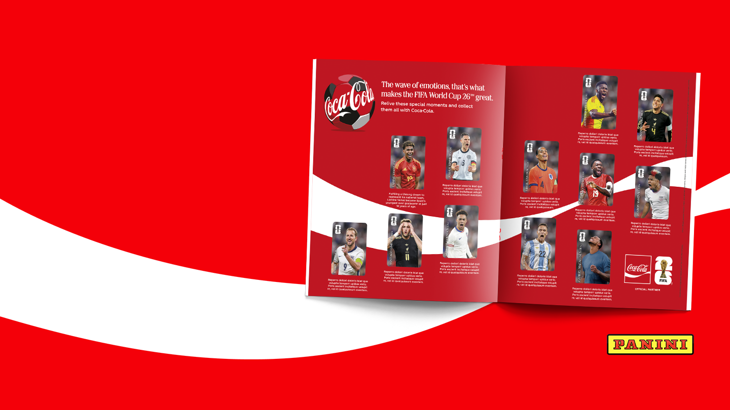 Open Panini–Coca-Cola FIFA World Cup sticker album displaying multiple player stickers on red Coca-Cola–branded pages.