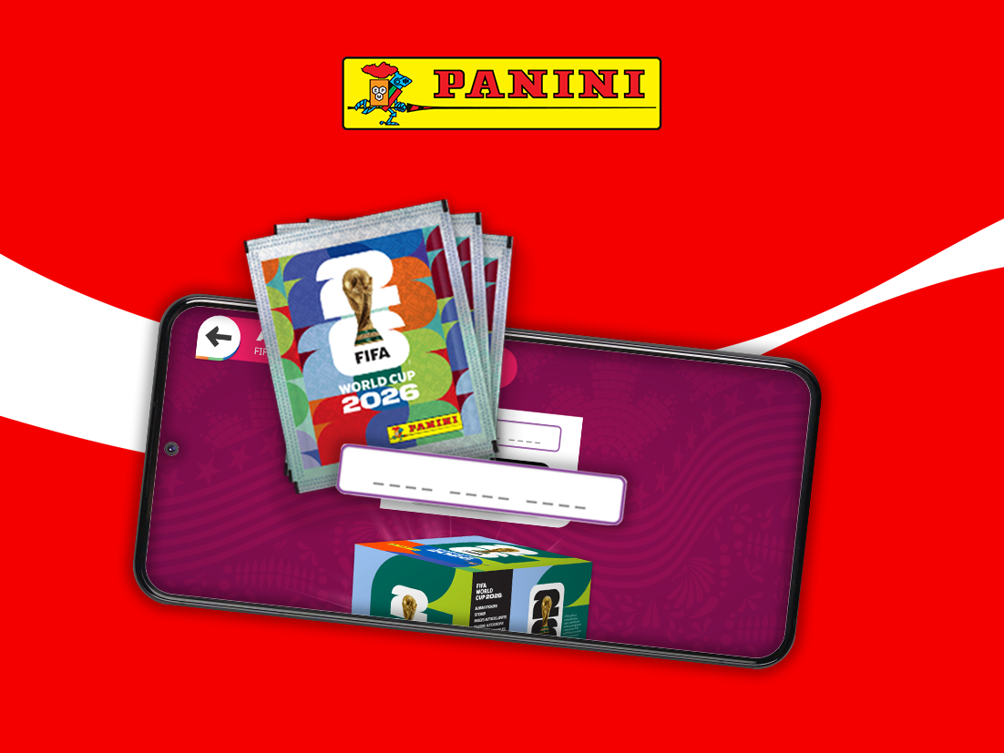 Panini FIFA World Cup 2026 matricacsomagok egy okostelefon képernyőjén, piros háttéren.