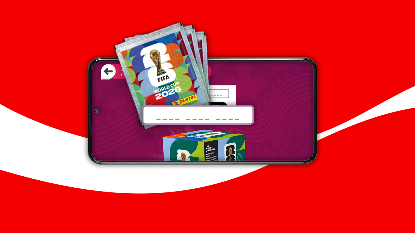 Panini FIFA World Cup 2026 sticker packs shown above a smartphone displaying the digital sticker collection app on a red background.