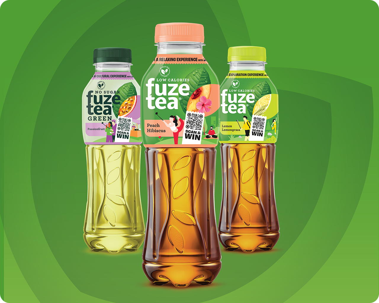 Fuze Tea plastic bottles in three different flavours with reference to the newest Fuze Tea promotion.