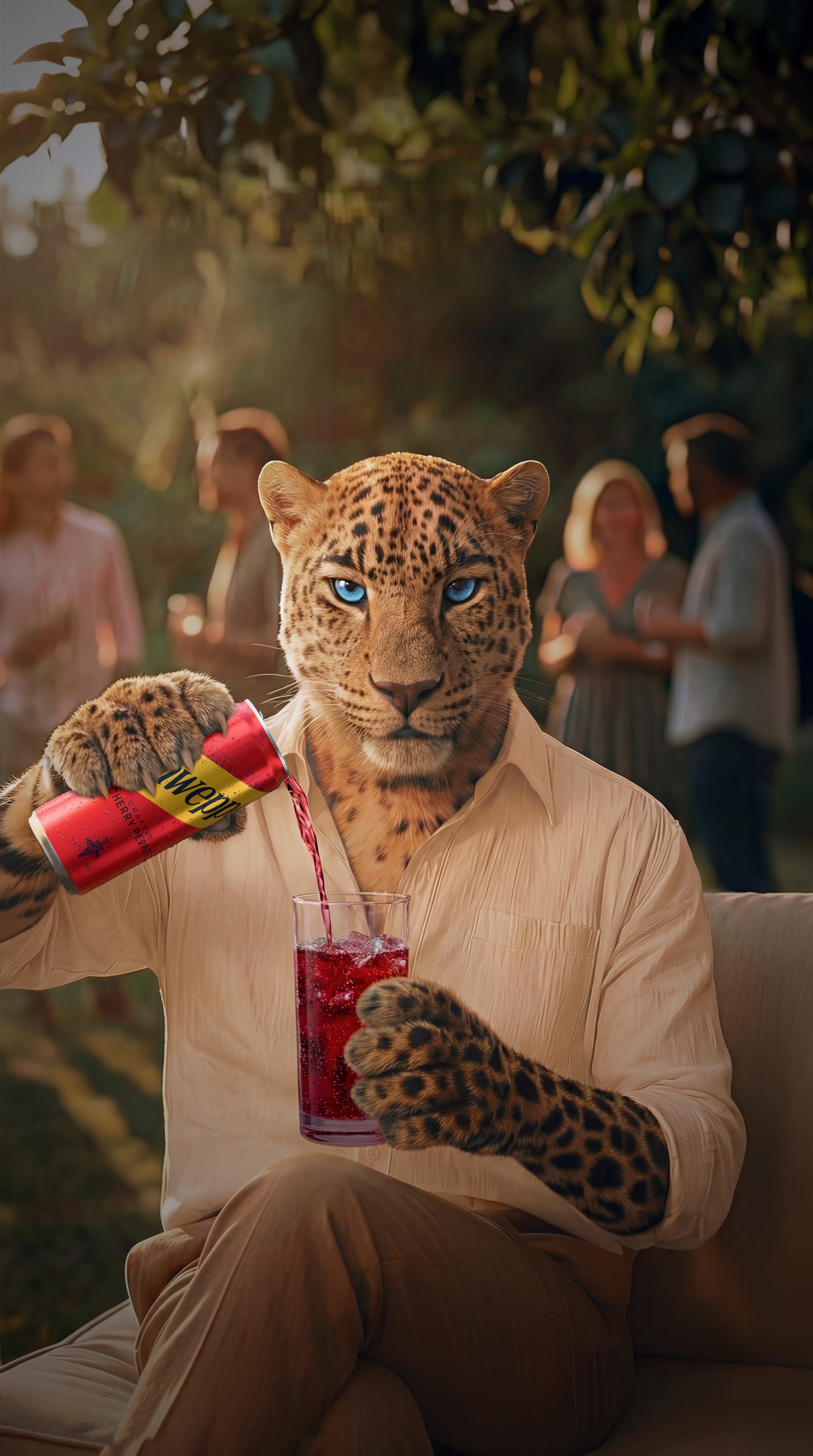 Leopard cu fața spre cameră, stând cu picioarele încrucișate, turnând o doză de ardei iute Schweppes Crafted Cherry Pepper într-un pahar cu gheață. Decor exterior, cu oameni care socializează în fundal.