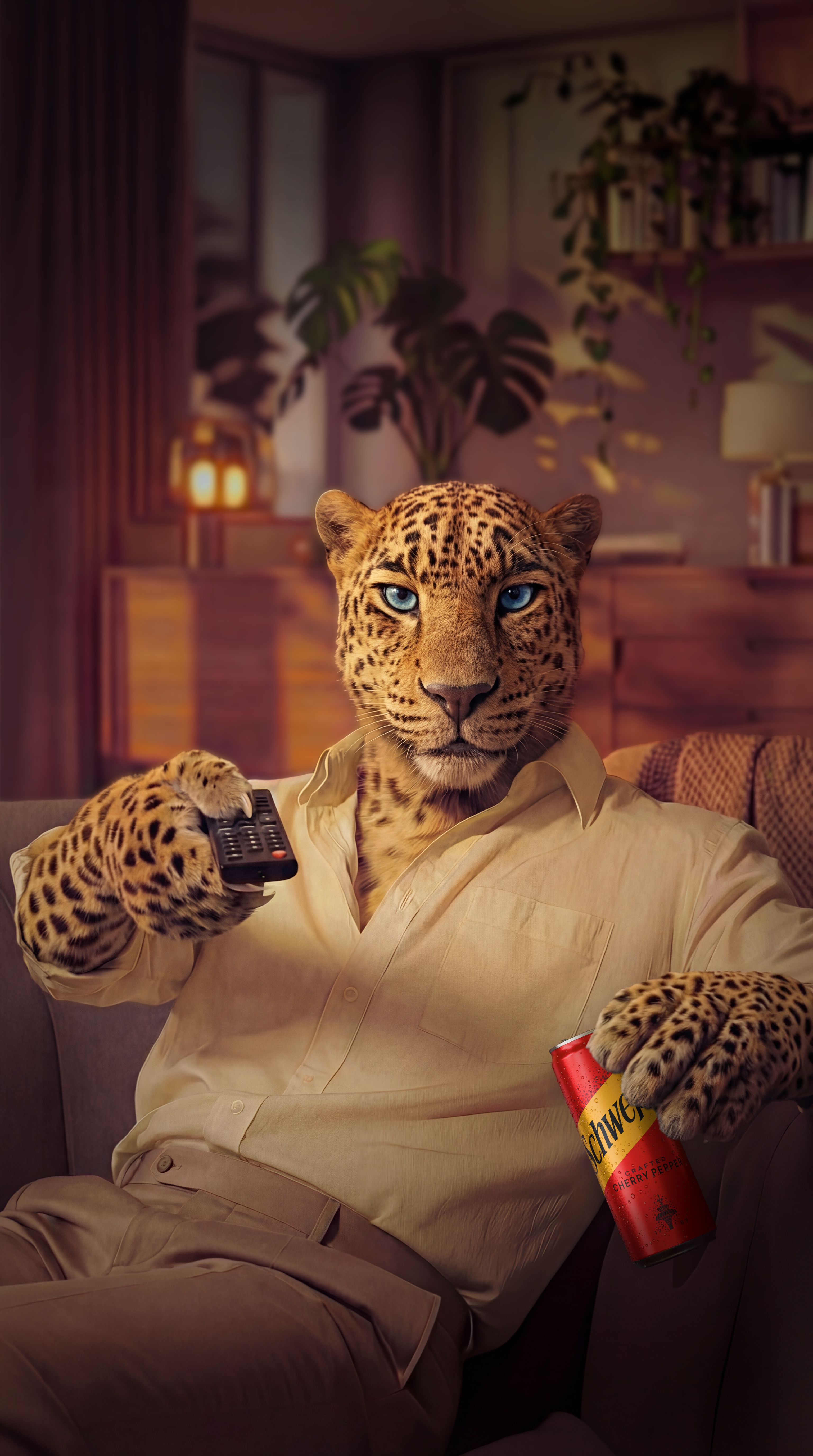 Leopard facing the camera, sat on a sofa, holding a can of Schweppes Crafted Cherry Pepper in one hand and a TV remote in the other hand, pointing the remote to camera.