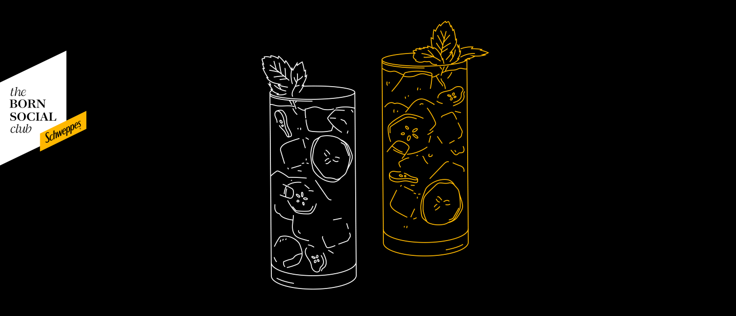 Schweppes The Born Social Club Logo | Illustration of two drinks outline style, one white, one yellow