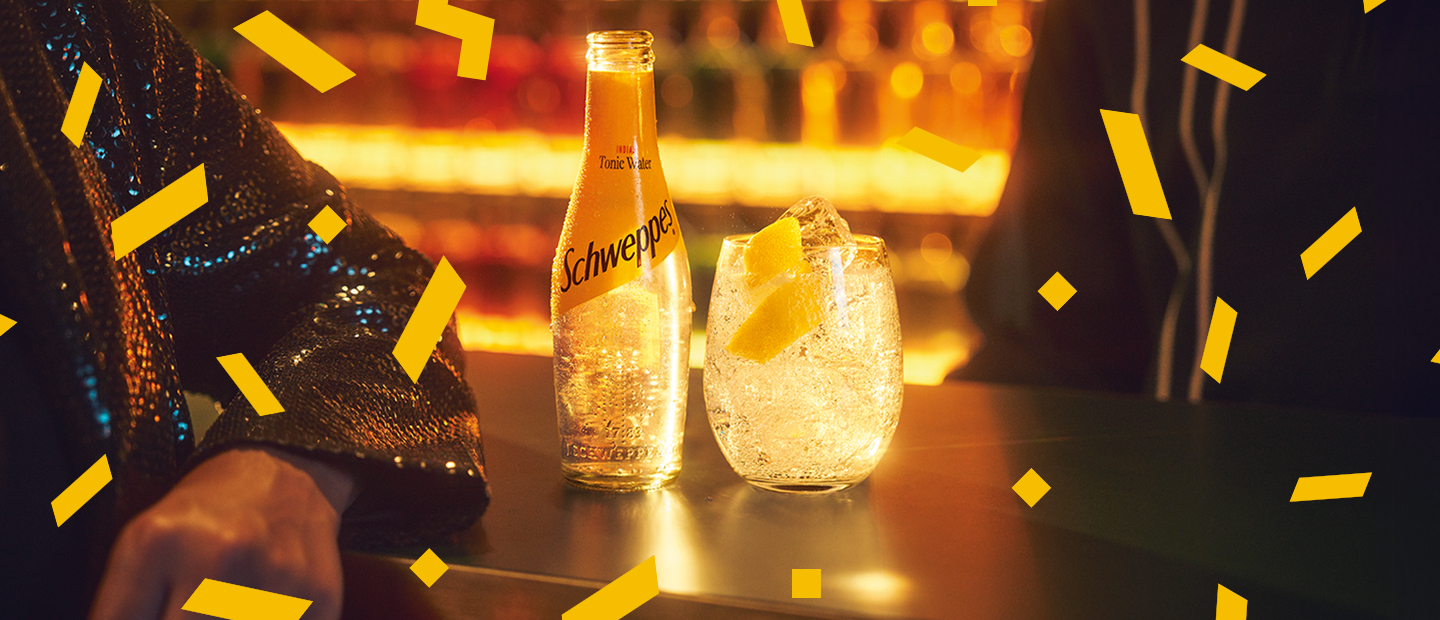 Schweppes The Born Social Club Logo | Illustration of two drinks outline style, one white, one yellow