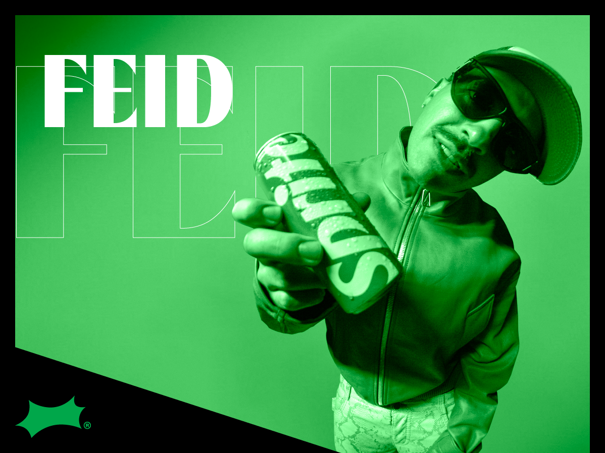 Image of artist, Feid, with green tint and the Sprite Limelight logo